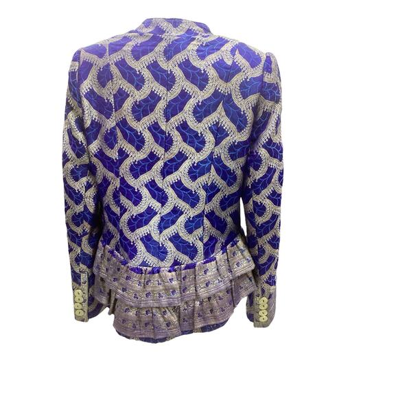 VTG Designer Polatof Women’s Blazer Size M Silk Embroidered Ruffled Royal Blue - Picture 3 of 7